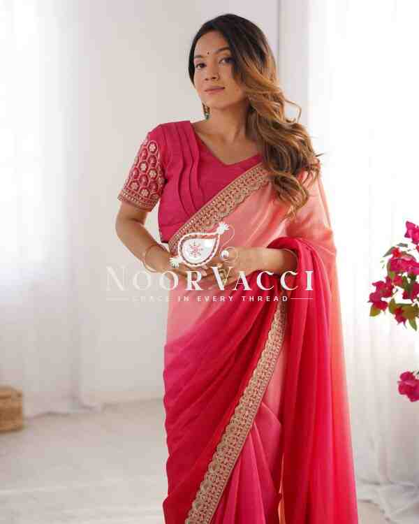Chinon Silk Embroidered Saree with Mono Benglori Blouse - Image 2
