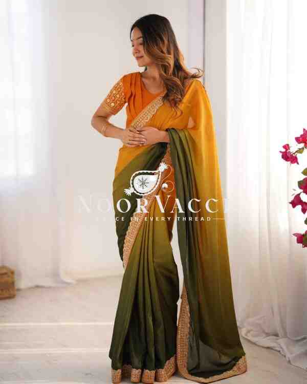 Chinon Silk Embroidered Saree with Mono Benglori Blouse - Image 2