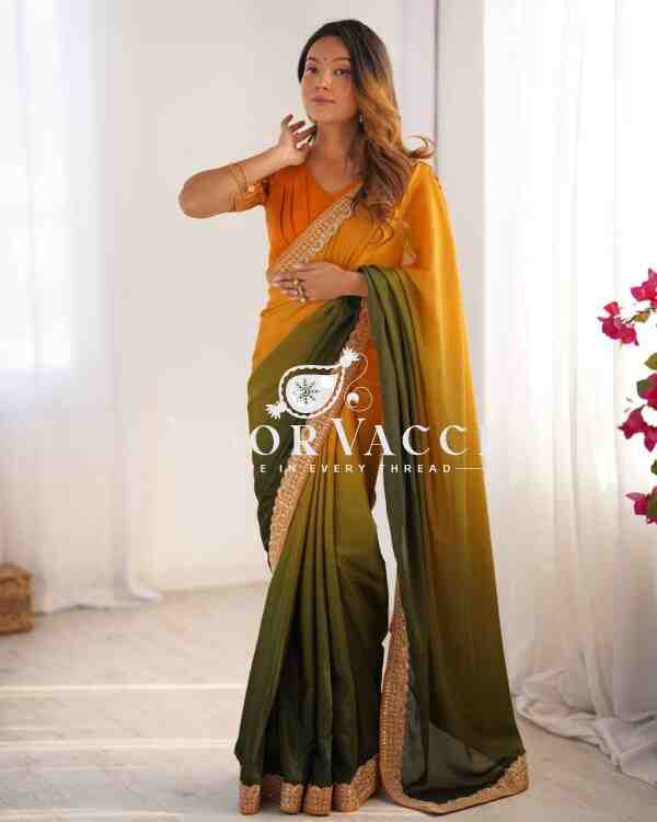 Chinon Silk Embroidered Saree with Mono Benglori Blouse - Image 3