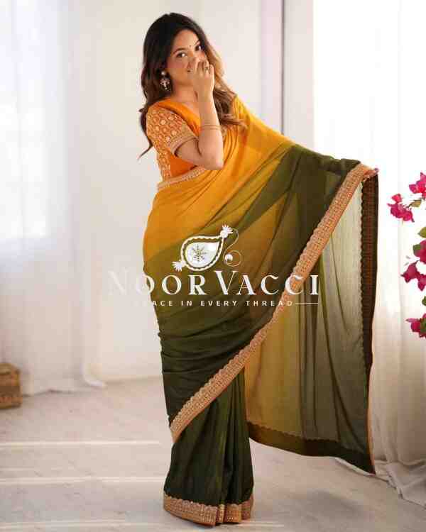 Chinon Silk Embroidered Saree with Mono Benglori Blouse