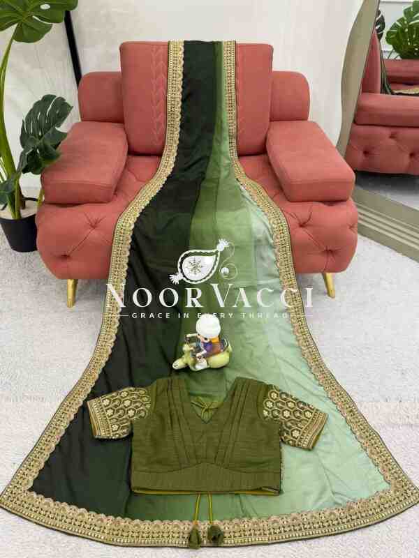 Chinon Silk Embroidered Saree with Mono Benglori Blouse - Image 6
