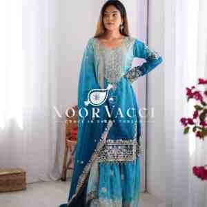 Chinon Silk Embroidered Plazo Suit with Dupatta