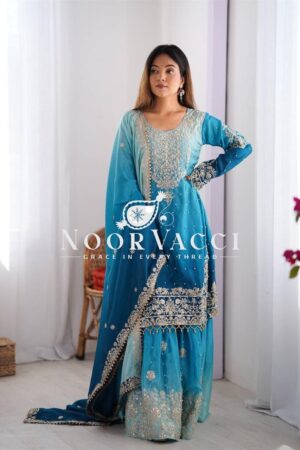Shop Chinon Silk Embroidered Plazo Suit with Dupatta