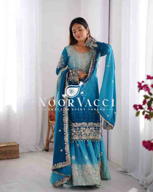 Chinon Silk Embroidered Plazo Suit with Dupatta - Image 5