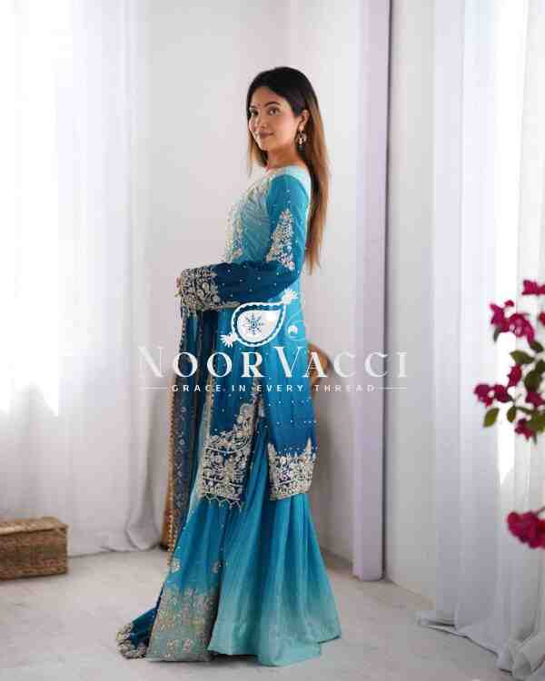 Chinon Silk Embroidered Plazo Suit with Dupatta - Image 3