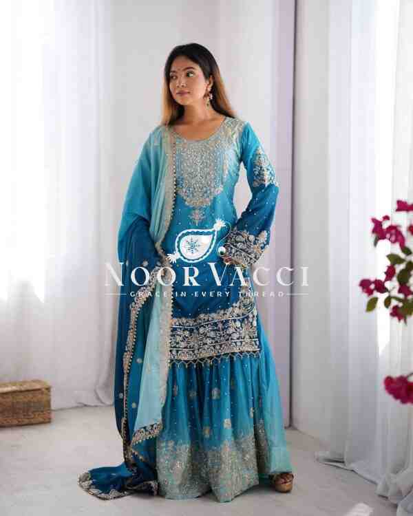 Chinon Silk Embroidered Plazo Suit with Dupatta - Image 2