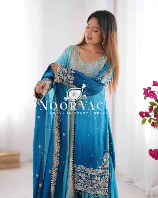 Chinon Silk Embroidered Plazo Suit with Dupatta - Image 6