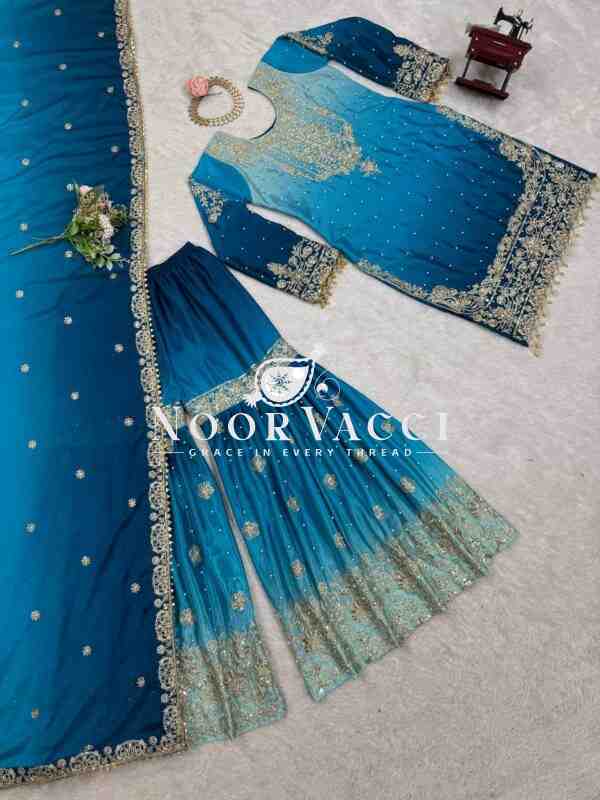 Chinon Silk Embroidered Plazo Suit with Dupatta - Image 8