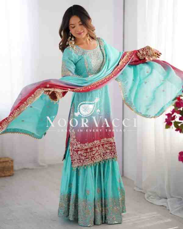 Chinon Silk Embroidered Plazo Suit with Dupatta - Image 2