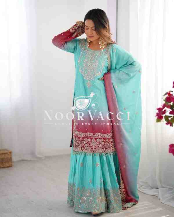 Chinon Silk Embroidered Plazo Suit with Dupatta - Image 4