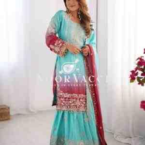 Chinon Silk Embroidered Plazo Suit with Dupatta