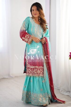 Shop Chinon Silk Embroidered Plazo Suit with Dupatta