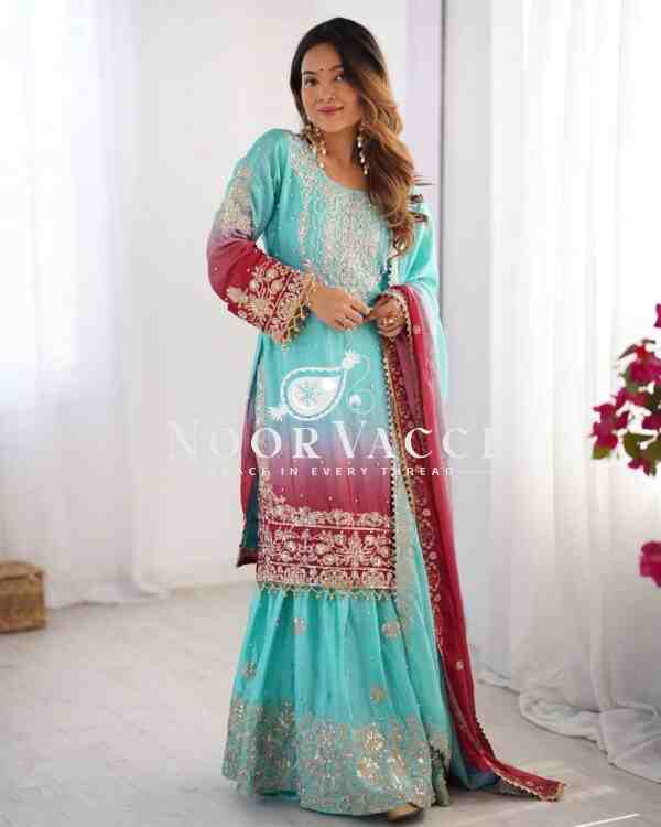 Chinon Silk Embroidered Plazo Suit with Dupatta