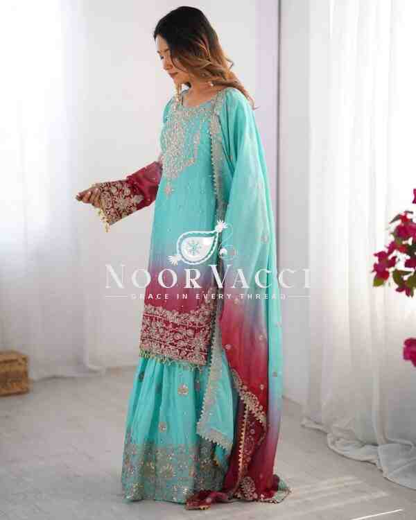 Chinon Silk Embroidered Plazo Suit with Dupatta - Image 3