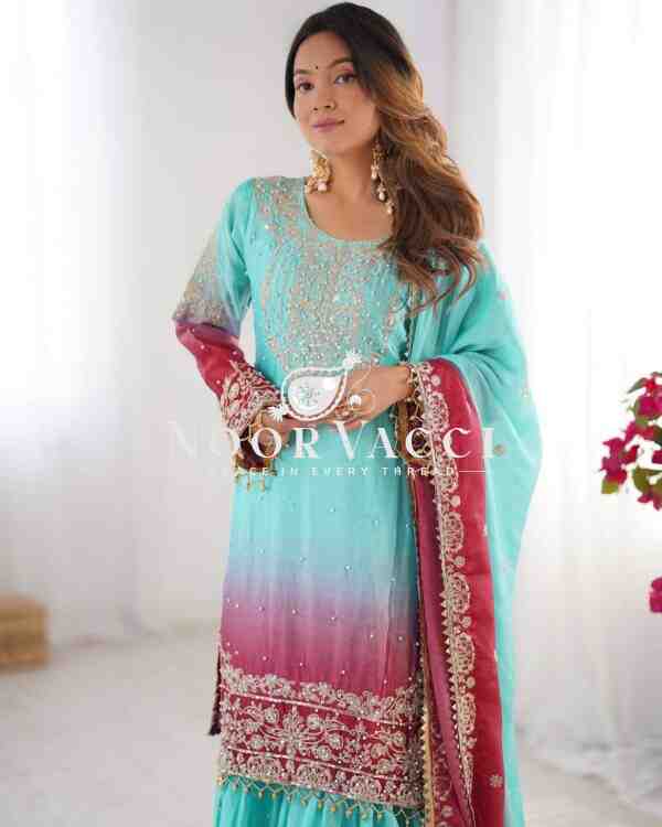 Chinon Silk Embroidered Plazo Suit with Dupatta - Image 6