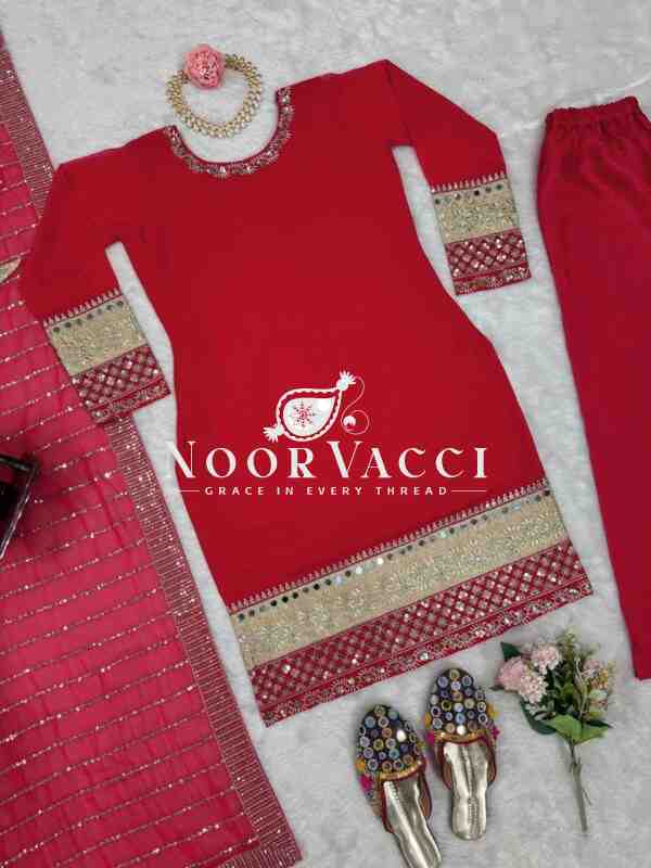 Faux Georgette Embroidered Top with Real Mirror Work and Matching Pent Set - Image 4
