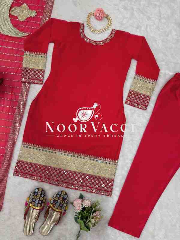 Faux Georgette Embroidered Top with Real Mirror Work and Matching Pent Set - Image 5