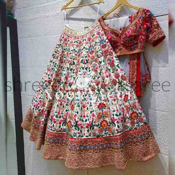 White and Maroon Dulhan Silk Lehenga Choli with Heavy Embroidery - Image 2