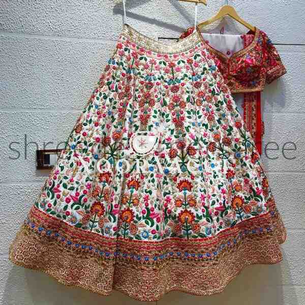 White and Maroon Dulhan Silk Lehenga Choli with Heavy Embroidery
