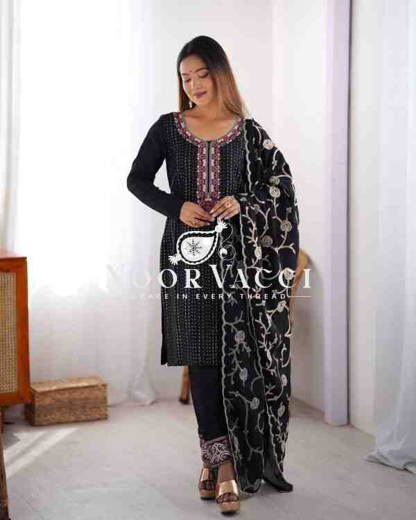 Chinon Silk Embroidered Suit with Lace Work Pant and Dupatta