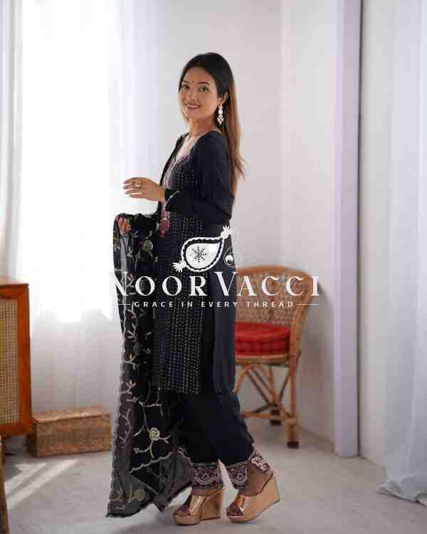 Chinon Silk Embroidered Suit with Lace Work Pant and Dupatta - Image 3