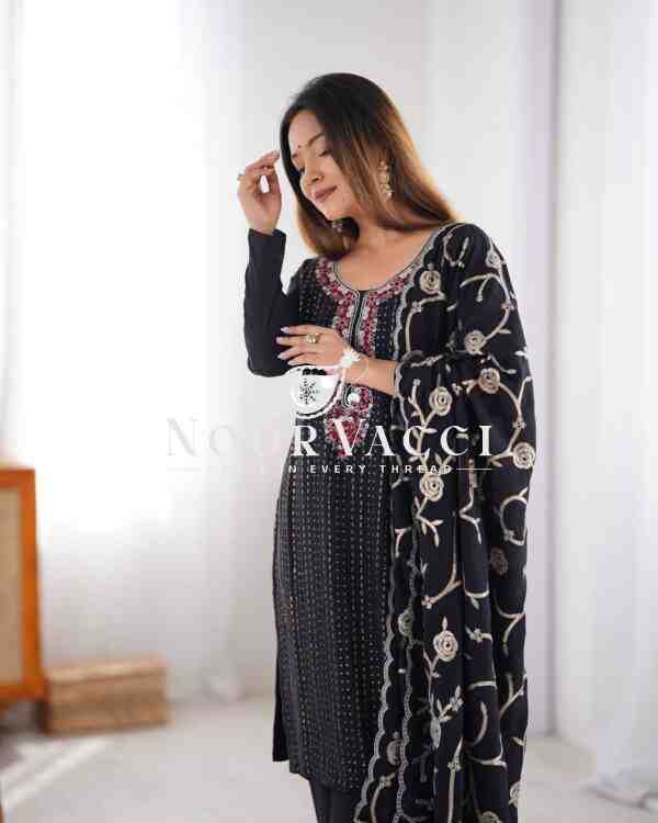 Chinon Silk Embroidered Suit with Lace Work Pant and Dupatta - Image 5