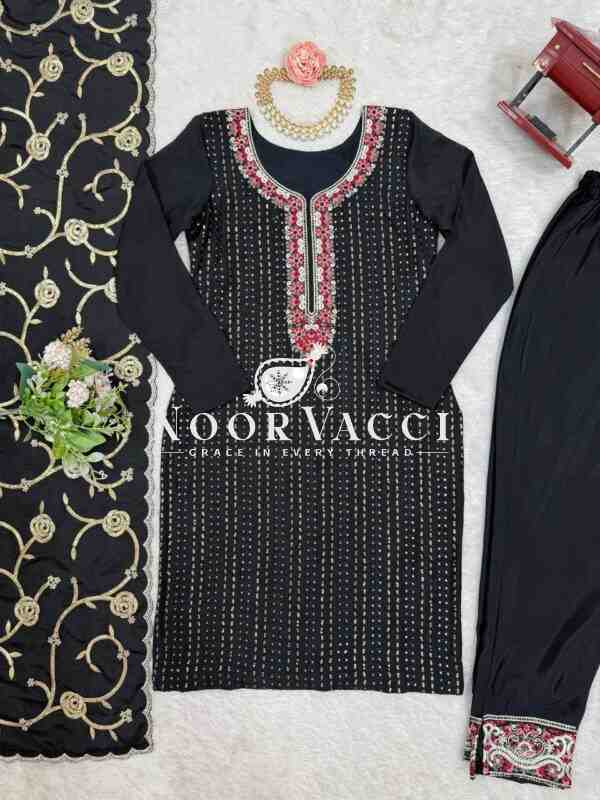 Chinon Silk Embroidered Suit with Lace Work Pant and Dupatta - Image 7