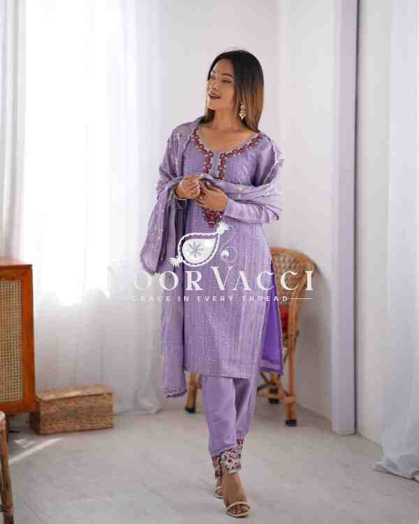 Chinon Silk Embroidered Suit with Lace Work Pant and Dupatta - Image 2