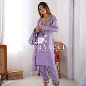 Chinon Silk Embroidered Suit with Lace Work Pant and Dupatta