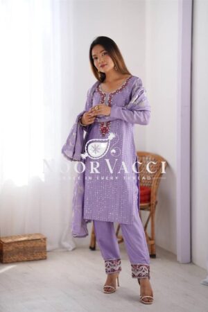 Shop Chinon Silk Embroidered Suit with Lace Work Pant and Dupatta