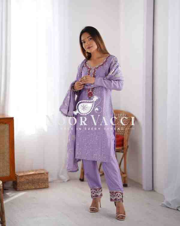 Chinon Silk Embroidered Suit with Lace Work Pant and Dupatta