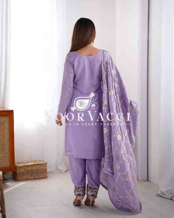 Chinon Silk Embroidered Suit with Lace Work Pant and Dupatta - Image 4
