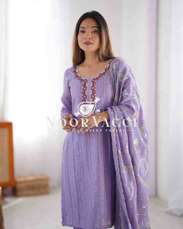 Chinon Silk Embroidered Suit with Lace Work Pant and Dupatta - Image 5
