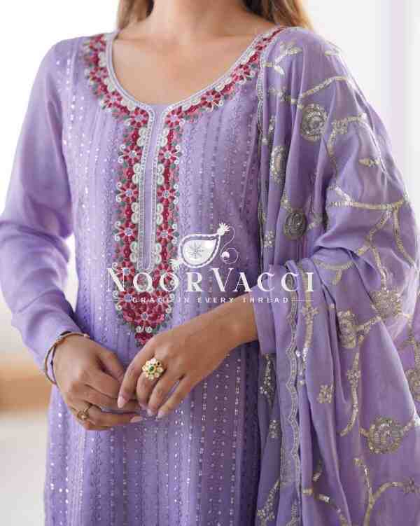 Chinon Silk Embroidered Suit with Lace Work Pant and Dupatta - Image 6