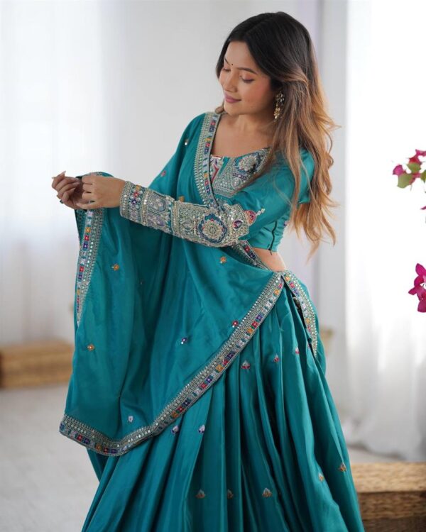 Buy Natural Crepe Silk Embroidered Semi-Stitched Lehenga with Dupatta - Image 3