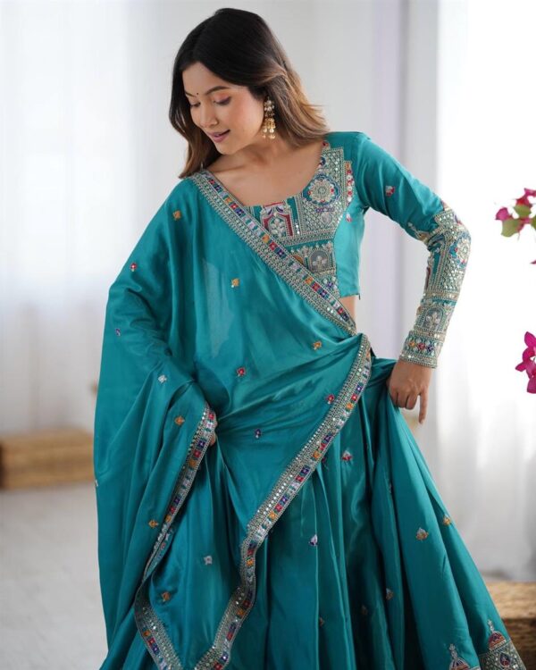 Buy Natural Crepe Silk Embroidered Semi-Stitched Lehenga with Dupatta - Image 2