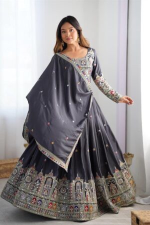 Shop Natural Crepe Silk Embroidered Semi-Stitched Lehenga with Dupatta