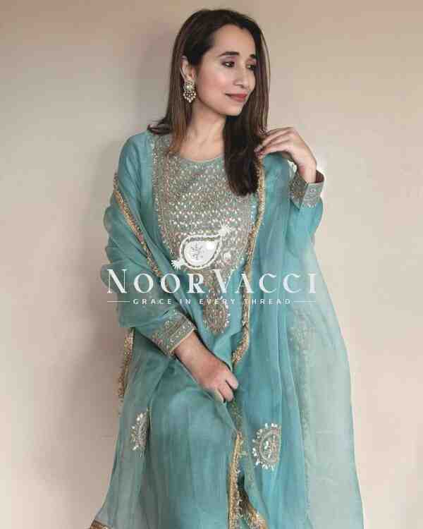 Heavy Vichitra Silk Codding Sequin Embroidered Sharara Set with Organza Dupatta - Image 2