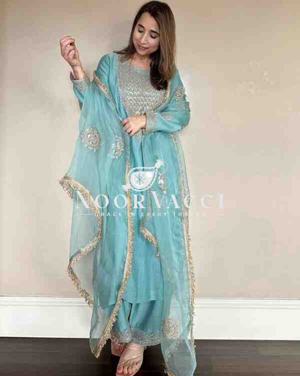 Heavy Vichitra Silk Codding Sequin Embroidered Sharara Set with Organza Dupatta - Image 3