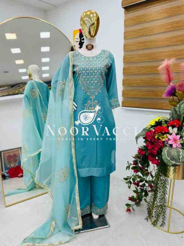 Heavy Vichitra Silk Codding Sequin Embroidered Sharara Set with Organza Dupatta - Image 4