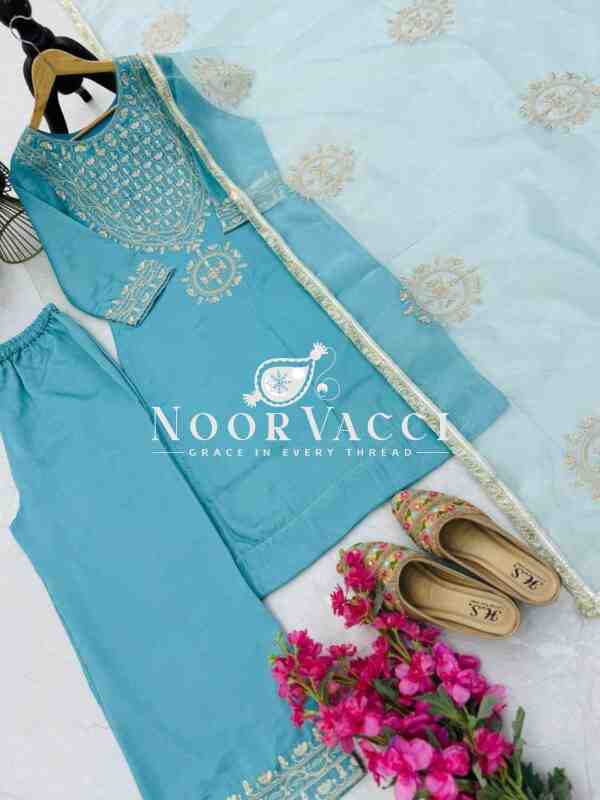 Heavy Vichitra Silk Codding Sequin Embroidered Sharara Set with Organza Dupatta - Image 5