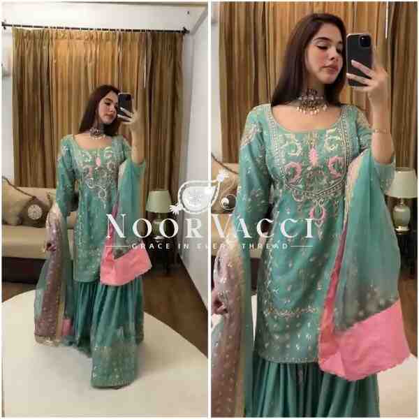 Chinnon Silk Embroidered Sharara Set with Butterfly Net Dupatta – Party Wear Elegance - Image 3