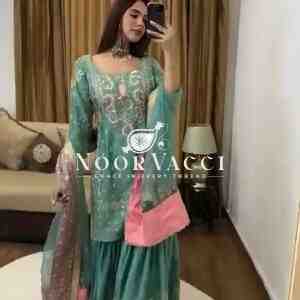 Chinnon Silk Embroidered Sharara Set with Butterfly Net Dupatta – Party Wear Elegance