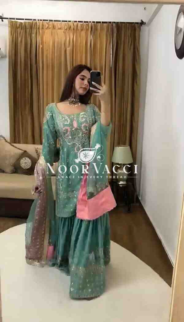 Chinnon Silk Embroidered Sharara Set with Butterfly Net Dupatta – Party Wear Elegance