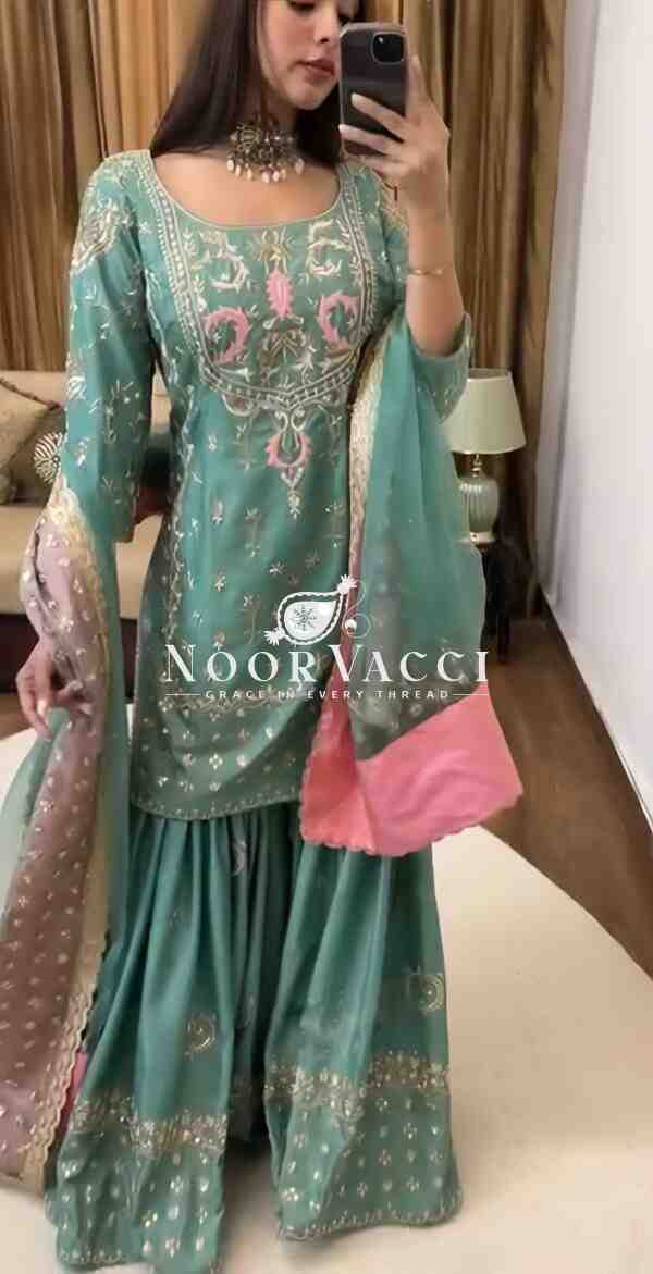 Chinnon Silk Embroidered Sharara Set with Butterfly Net Dupatta – Party Wear Elegance - Image 4
