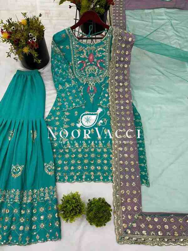 Chinnon Silk Embroidered Sharara Set with Butterfly Net Dupatta – Party Wear Elegance - Image 7