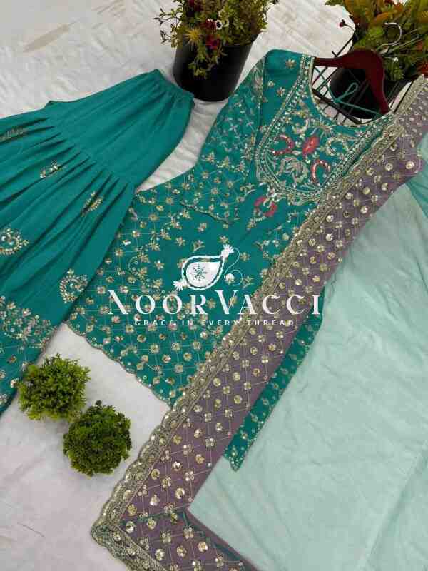 Chinnon Silk Embroidered Sharara Set with Butterfly Net Dupatta – Party Wear Elegance - Image 5