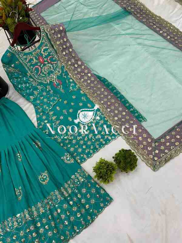 Chinnon Silk Embroidered Sharara Set with Butterfly Net Dupatta – Party Wear Elegance - Image 6