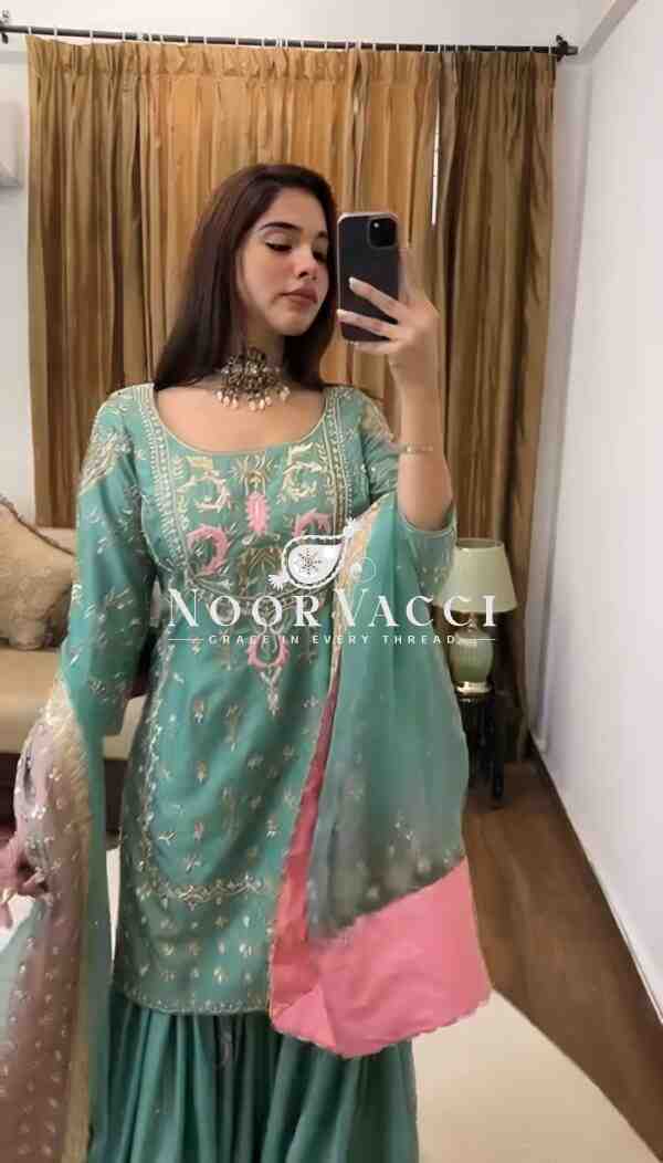 Chinnon Silk Embroidered Sharara Set with Butterfly Net Dupatta – Party Wear Elegance - Image 2