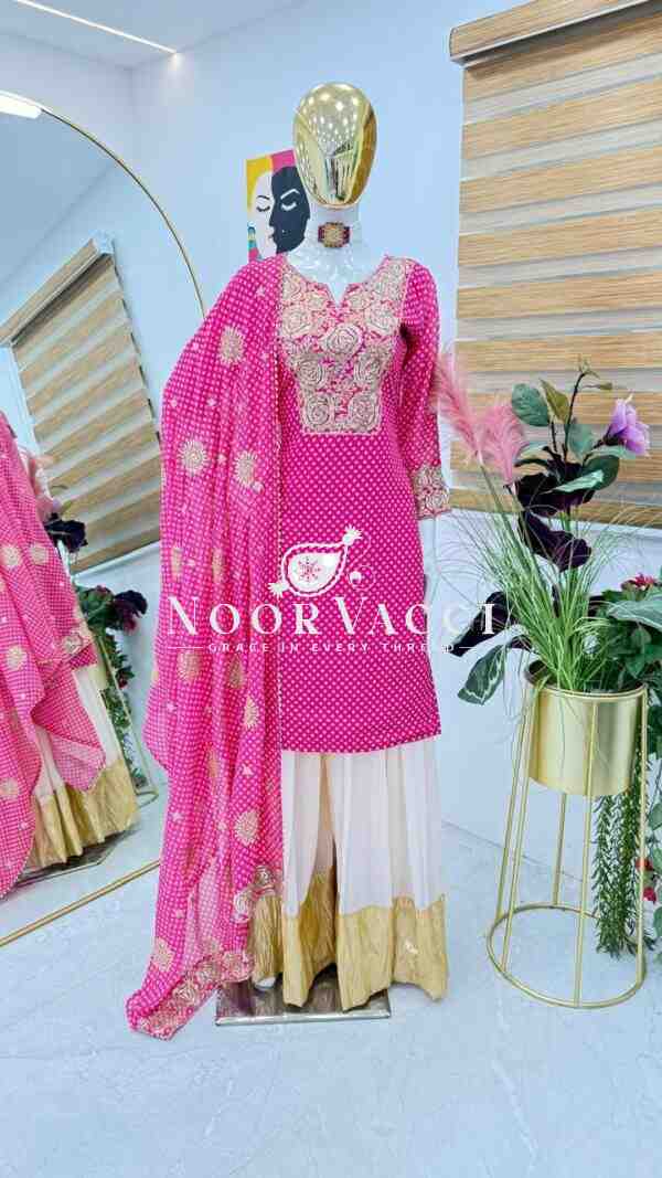 Fox Georgette Embroidered Top with Sharara and Dupatta – Printed Party Wear Set - Image 4